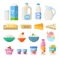 Vector collection of dairy products in flat style including milk, butter, cheese, yogurt, cottage cheese, sour cream, ice cream, cream, isolated on white.