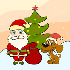 Funny Santa, puppy and Christmas tree