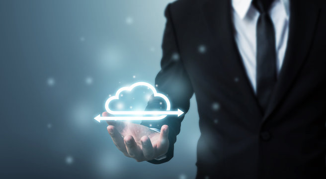 Cloud computing and technology network connection concept, Businessman hand holding icon cloud server