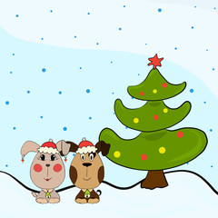 Two little funny puppies and a Christmas tree, snowfall