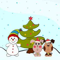 Snowman, Christmas tree and dogs