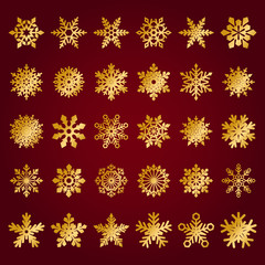 set of vector snowflakes on red background
