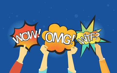 Emotional bubbles concept vector illustration of young people showing speech bubbles such as OMG, WOW, WTF. Flat human hands hold retro symbols on blue background