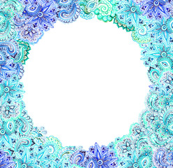 Ornamental sea card - vintage ornamental design. Ornate circle frame with watercolor