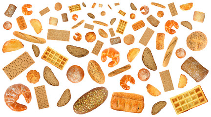 Variety of bread products for layout isolated on white background. Without shadow.