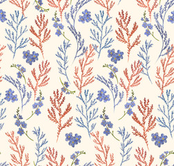 Hand drawn watercolor seamless pattern with different plants and flowers. Repeated background with natural motives.