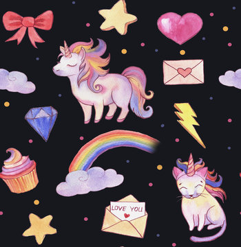 Hand drawn watercolor black pattern with vibrant magical creatures, unicorn, rainbow, cat. Seamless repeated pattern for children with fairy tale cliparts