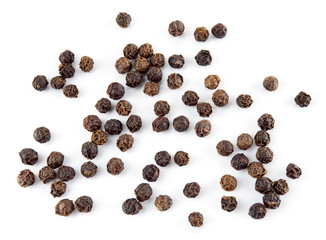 Peppercorn isolated. Peppercorn on white background. Black pepper seeds. Top view.