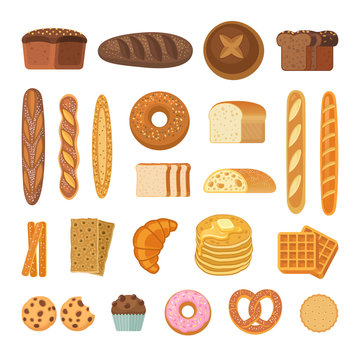Bread and rolls collection. Vector illustration of  bakery products icons - bread, baguette, pretzel, ciabatta, croissant, cupcake, waffles and cookies. Isolated on white.