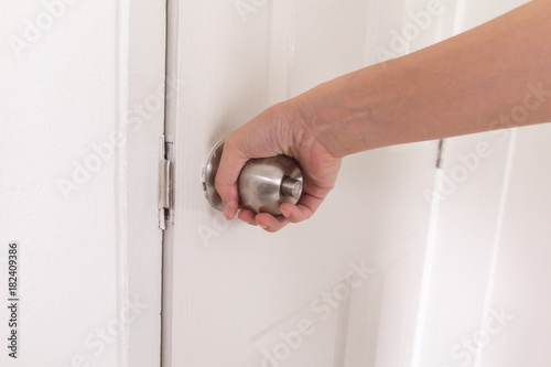 Close Up Young Woman Handle Stainless Door Knob Women Are Opening