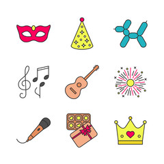 Party accessories color icons set