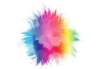Freeze motion of colored powder explosions isolated on white background.