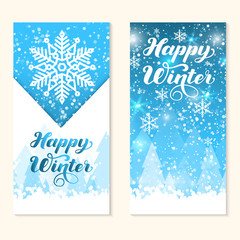 Happy Winter gift card. Elegant handwritten calligraphy for winter holidays. Volumetric letters with shadow and snowflakes. For cards, invitations, prints etc.