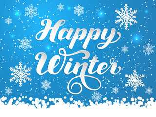 Fototapeta na wymiar Hand drawn lettering - Happy Winter. Elegant handwritten calligraphy for winter holidays. Volumetric letters with shadow and snowflakes. For cards, invitations, prints etc.