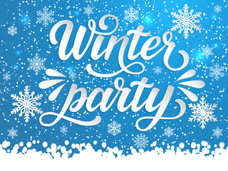 Hand drawn lettering - Winter Party. Elegant handwritten calligraphy for winter holidays. Volumetric letters with shadow and snowflakes. For cards, invitations, prints etc.