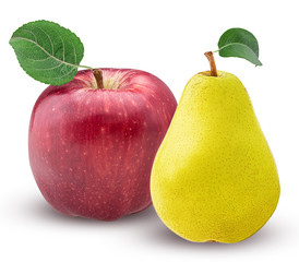 Yellow pear and red apple with leaf