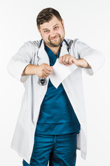 A portrait of a male doctor, tearing and tearing paper. Bad diagnosis, wrong treatment, lost, upset. on a white background.