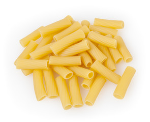 Uncooked tortiglioni pasta isolated on white background with clipping path