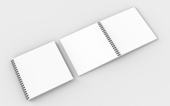 Square spiral binding notebook mock up isolated on soft gray background. 3D illustrating.