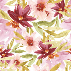 Flowers watercolor illustration. Seamless pattern. Mother's Day, wedding, birthday, Easter, Valentine's Day. Pastel colors. Spring. Summer.