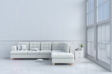 White living room decorated with tree in glass vase, pillows, white sofa, Window, Sky, Lamp,White wall it is pattern, The sun shines through the window into the shadows,White floor. 3d rendering.