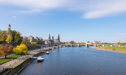 Scenic autumn view of Elbe river, Augustus Bridge and Old Town, Dresden, Saxony, Germany, Europe
