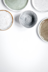 ceramic tableware top view on white background mock up