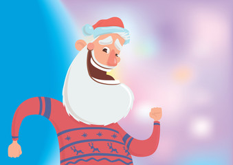 Happy smiling Santa Claus in red deer sweater dancing on white background. Merry Christmas and Happy New Year. Vector illustration. Cartoon dancing character on glowing colourful background.