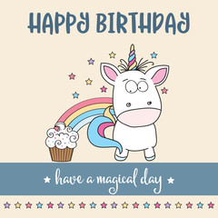happy birthday card  with lovely baby unicorn
