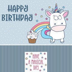 happy birthday card  with lovely baby unicorn