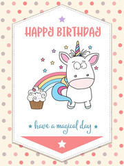 happy birthday card  with lovely baby unicorn