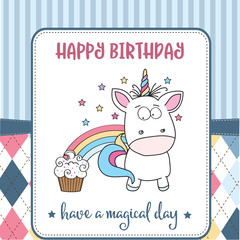 happy birthday card  with lovely baby unicorn