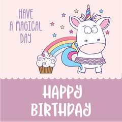 happy birthday card  with lovely baby girl unicorn