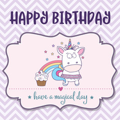 happy birthday card  with lovely baby girl unicorn