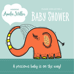 baby shower card template with funny doodle elephant