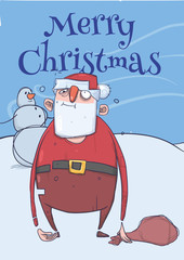 Christmas card of funny drunk Santa Claus with a bag standing next to a snowman in frosty windy weather. Wasted happy Santa. Vertical vector illustration. Cartoon character. Lettering. Copy space.