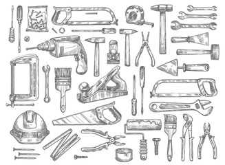 Vector work tools sketch icons for house repair