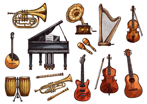 Vector music concert sketch instruments icons