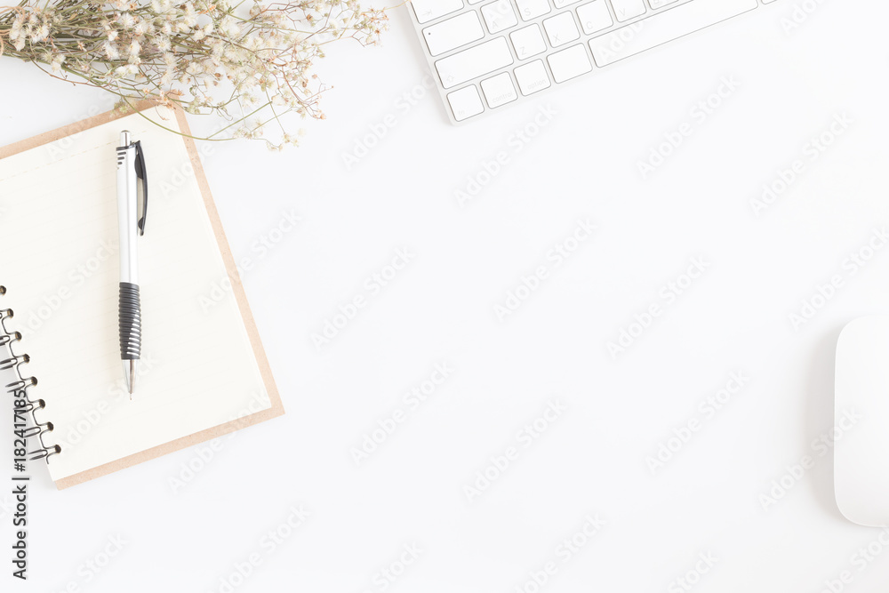 Wall mural flat lay photo of office desk with mouse and keyboard,white copyspace with pen top view