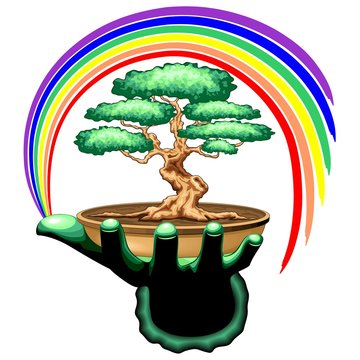 Bonsai Tree and Rainbow on Green Hand
