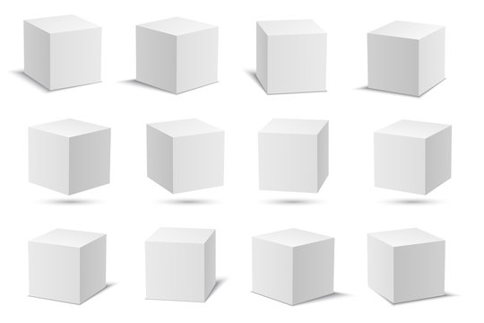 White vector cubes. Cube white collection. 3d models with perspective. Vector stock illustration isolated on white background.