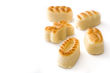 Christmas marzipan sweets copyspace isolated on white background. Typical spanish christmas dessert