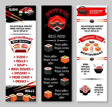 Vector menu banners for Japanese sushi restaurant