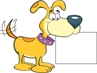 Cartoon illustration of a happy dog holding a sign.