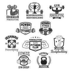Bodybuilding gym or powerlifting club vector icons