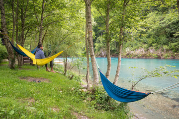 Hammock on river - nature scene, outdoors, man, single, green