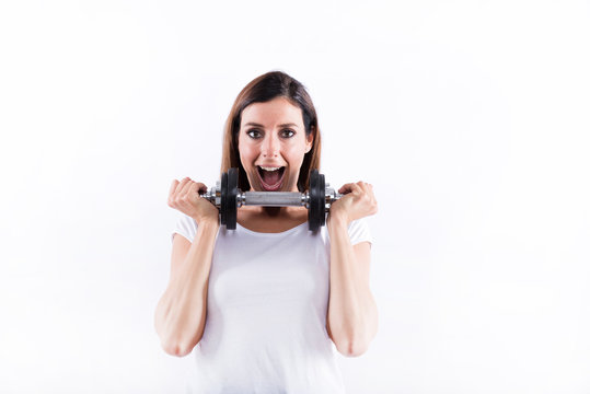 Happy woman lifting weight