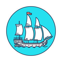 Ancient Wooden Ship with White Sails on Water