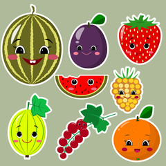 Fruit Sticker Collection.Collection of stickers from fruits in a white stroke, in a flat style.