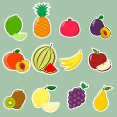 Collection of fruit stickers. A collection of fruit labels with a white stroke in a flat style.